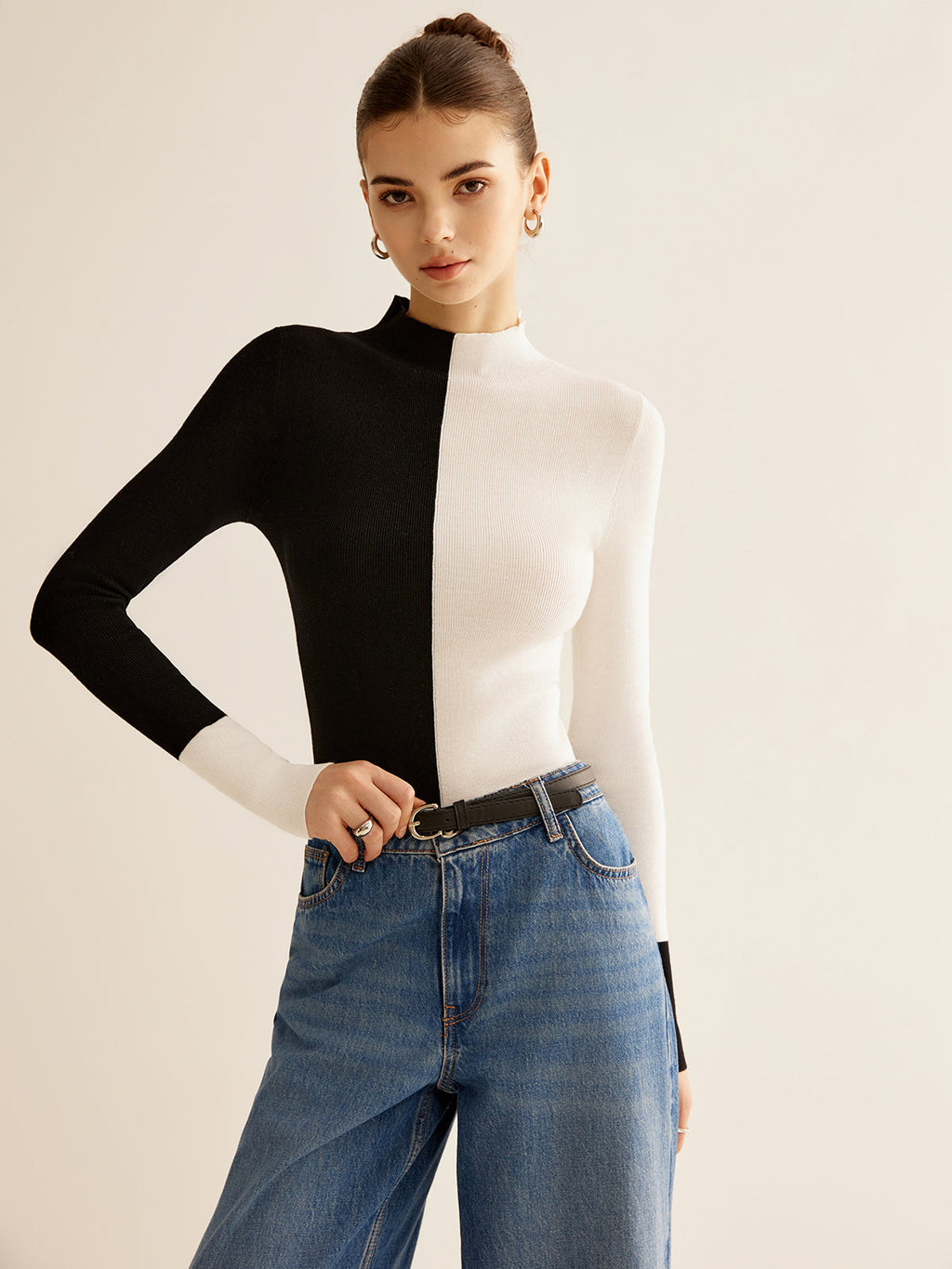 Two-Tone Wool-Blend Skinny Knit Top