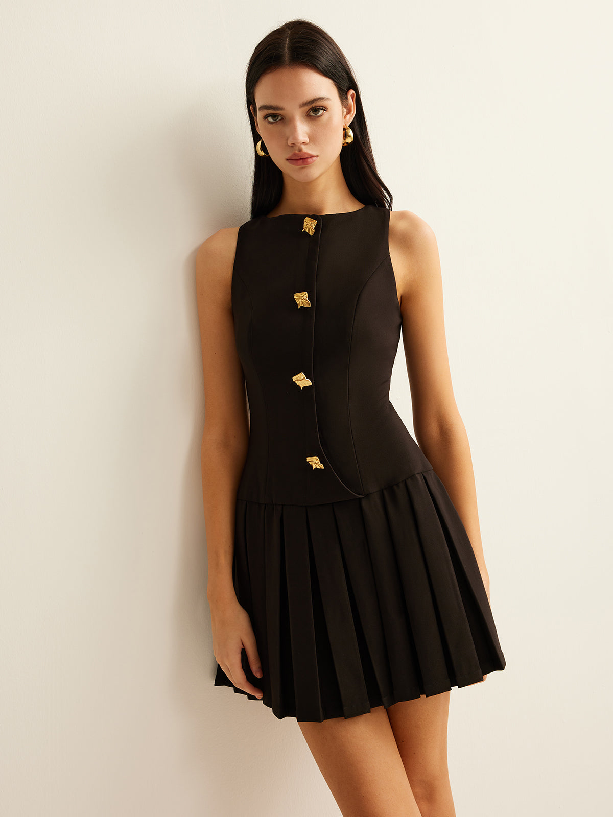 Gilded Pleat Metal-Button Tank Dress