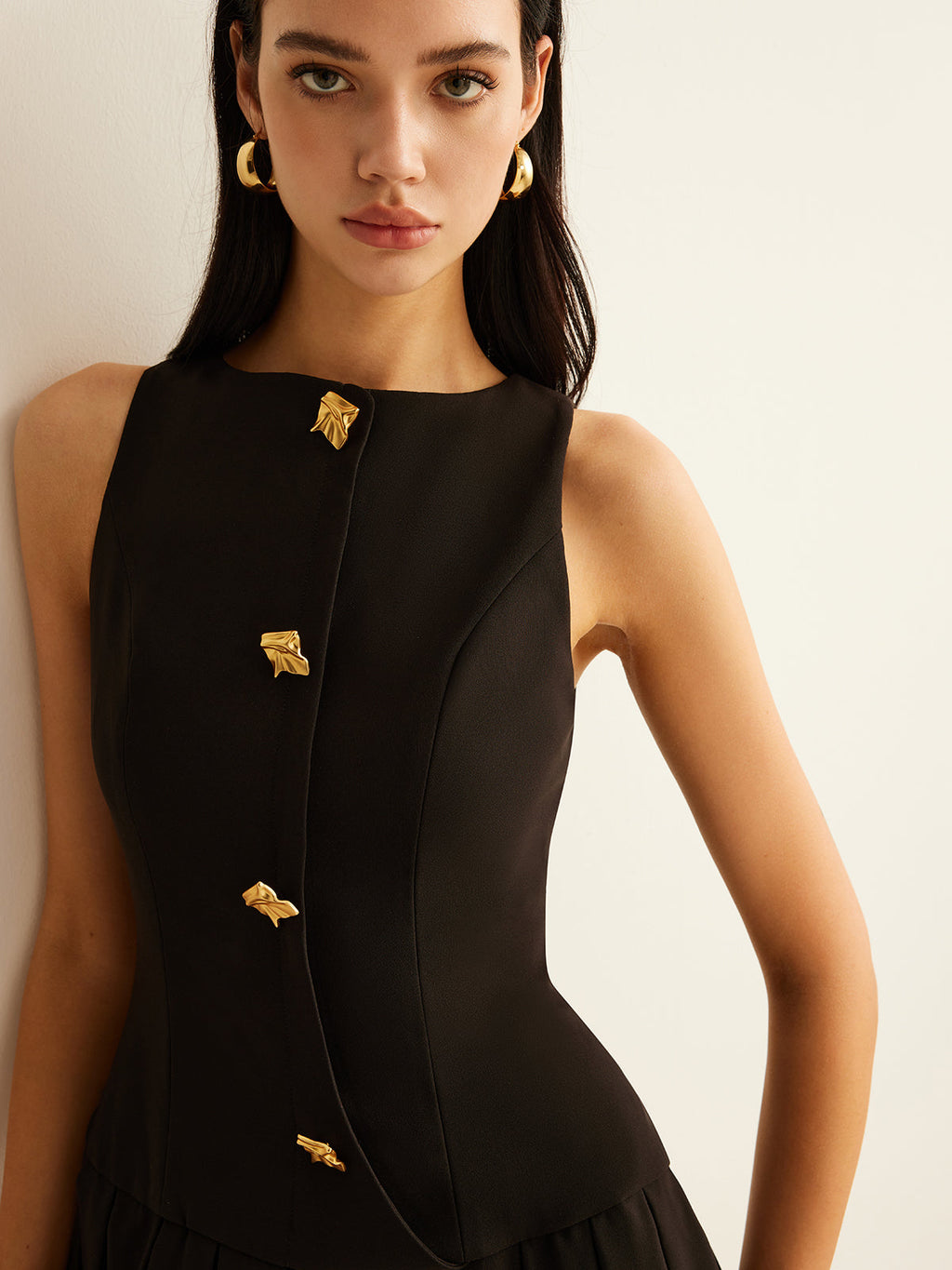 Gilded Pleat Metal-Button Tank Dress