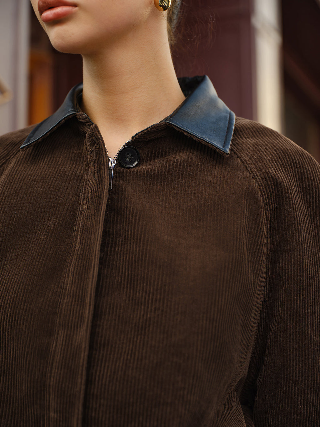 Campus Contrast Collar Corduroy Zipper Jacket