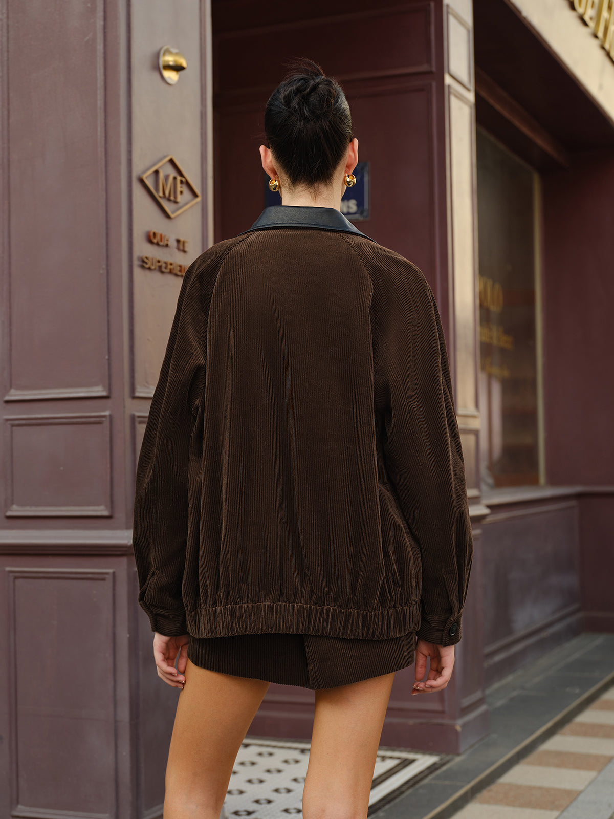 Campus Contrast Collar Corduroy Zipper Jacket