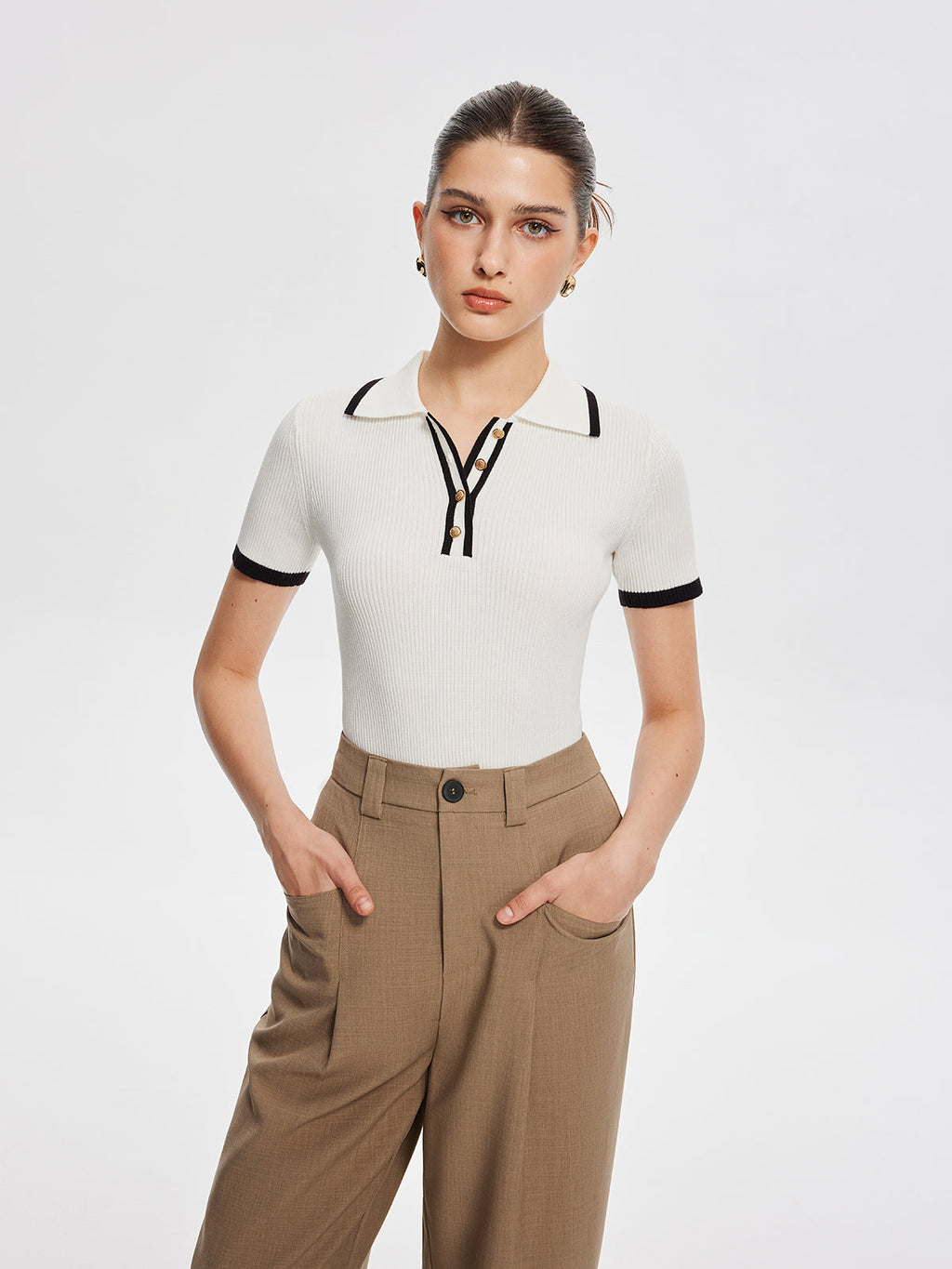 Girls Edge Contrast Trim Metal Button Knit Top