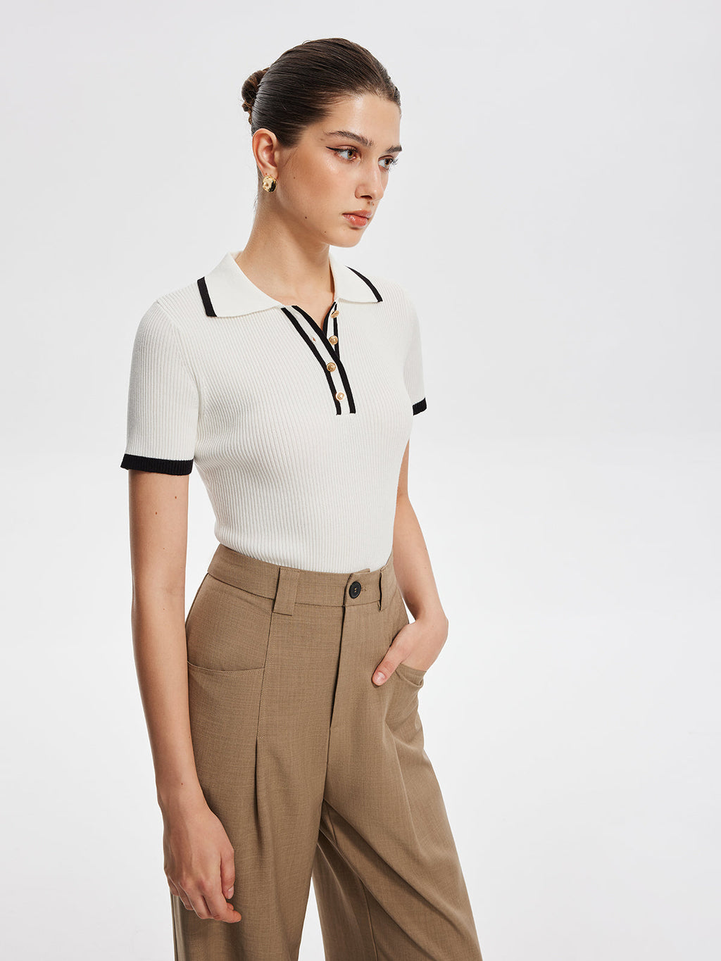 Girls Edge Contrast Trim Metal Button Knit Top