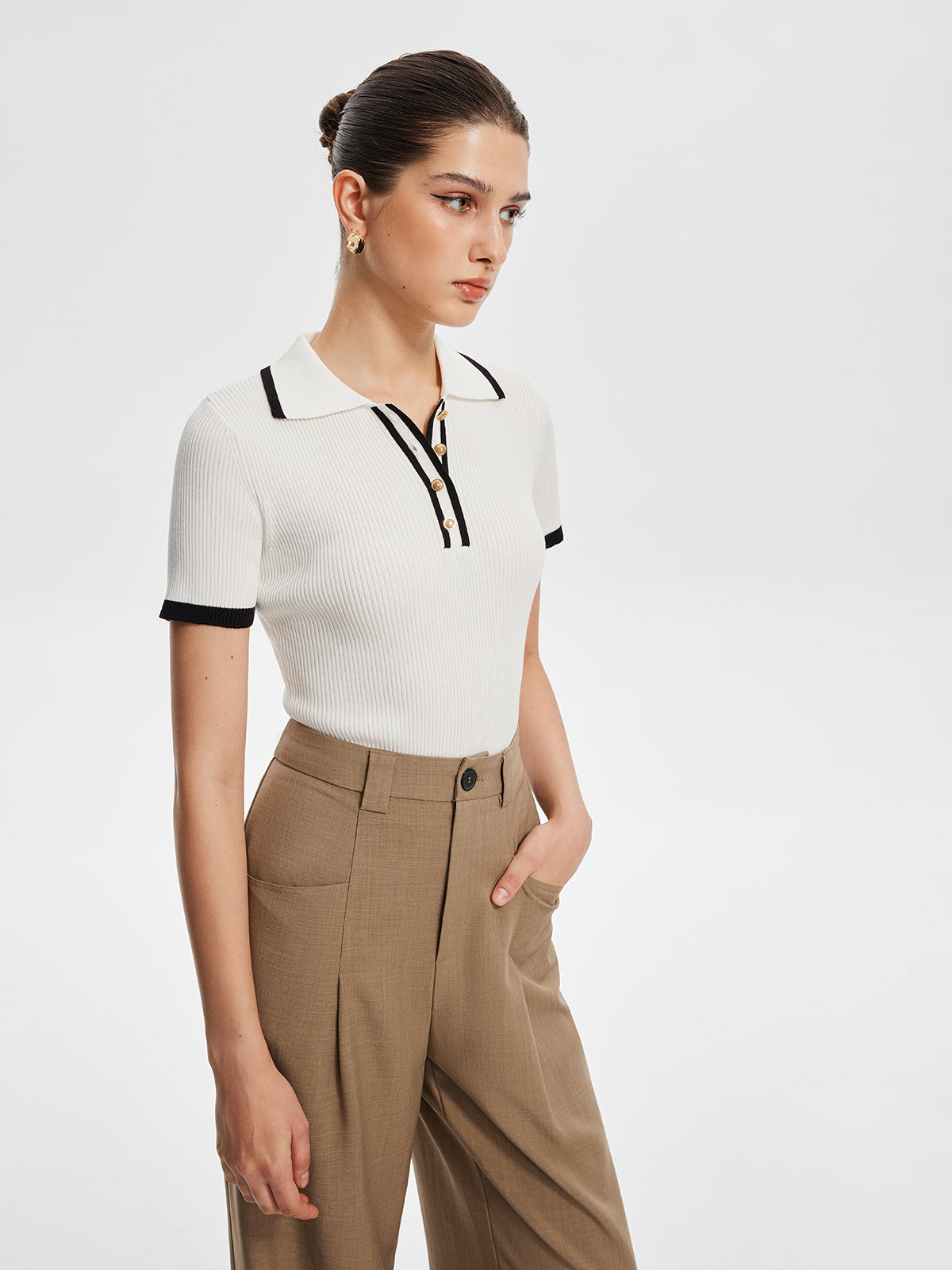 Girls Edge Contrast Trim Metal Button Knit Top