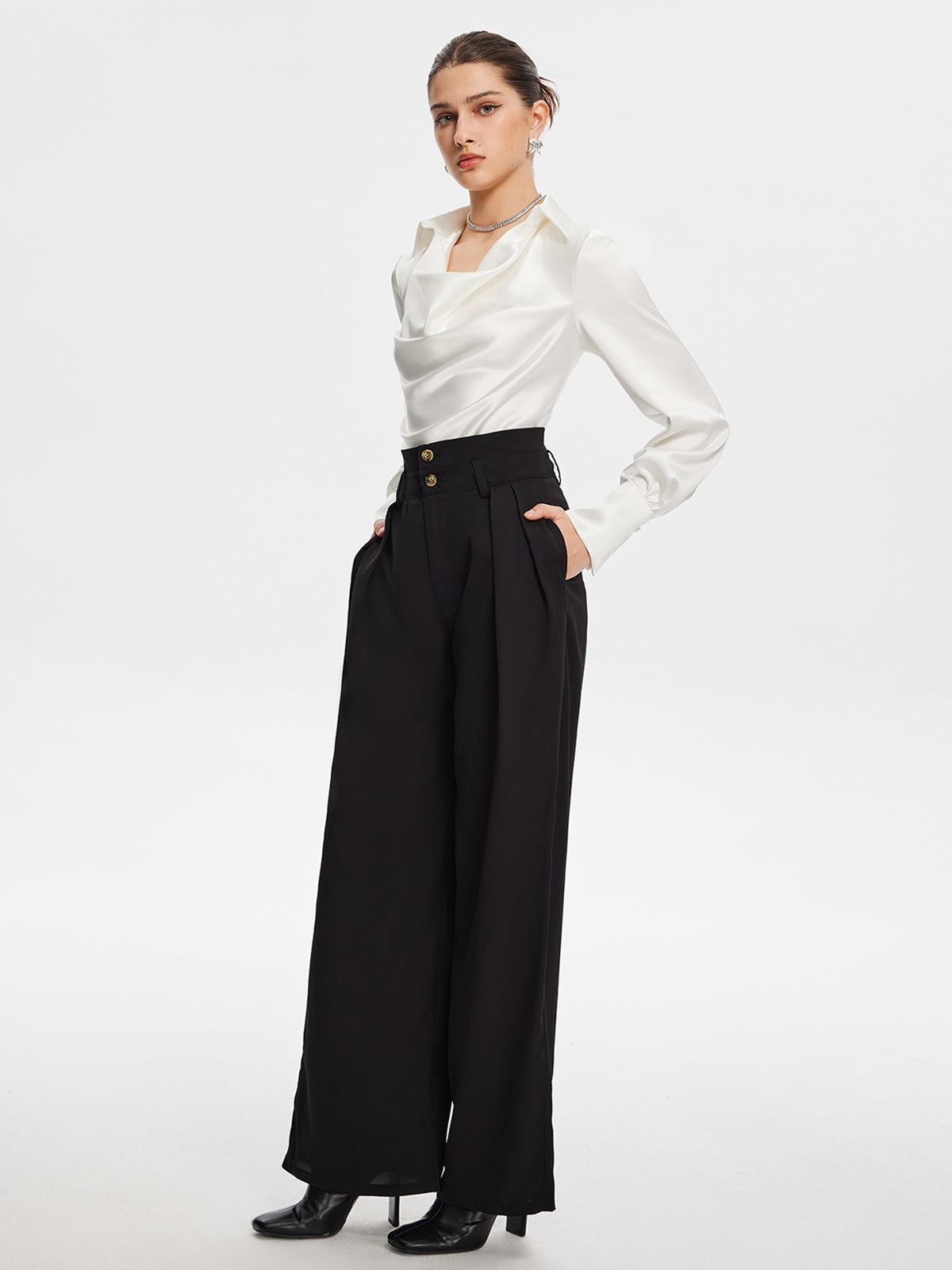 Soft Touch V-Neck Pleated Long Sleeve Blouse