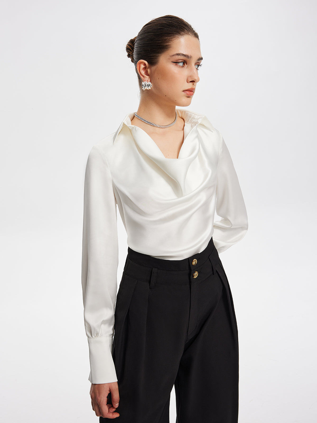 Soft Touch V-Neck Pleated Long Sleeve Blouse