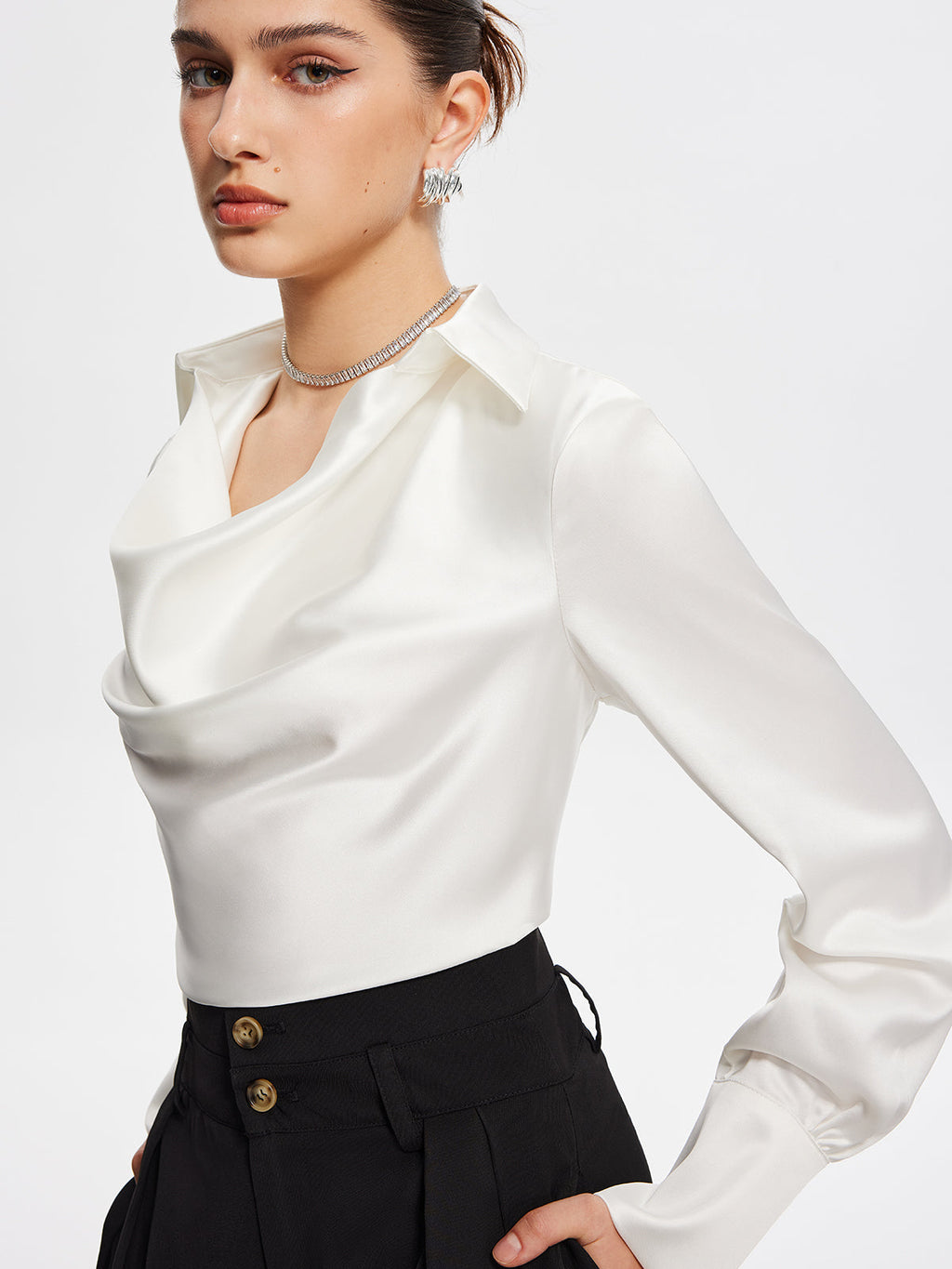 Soft Touch V-Neck Pleated Long Sleeve Blouse
