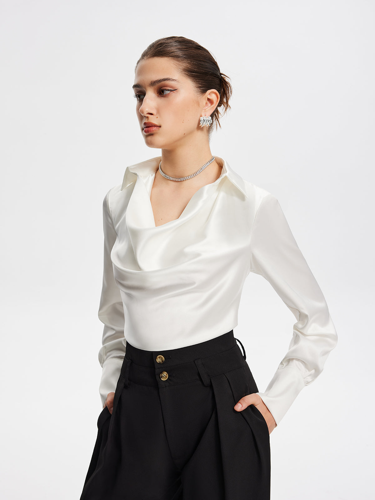 Soft Touch V-Neck Pleated Long Sleeve Blouse