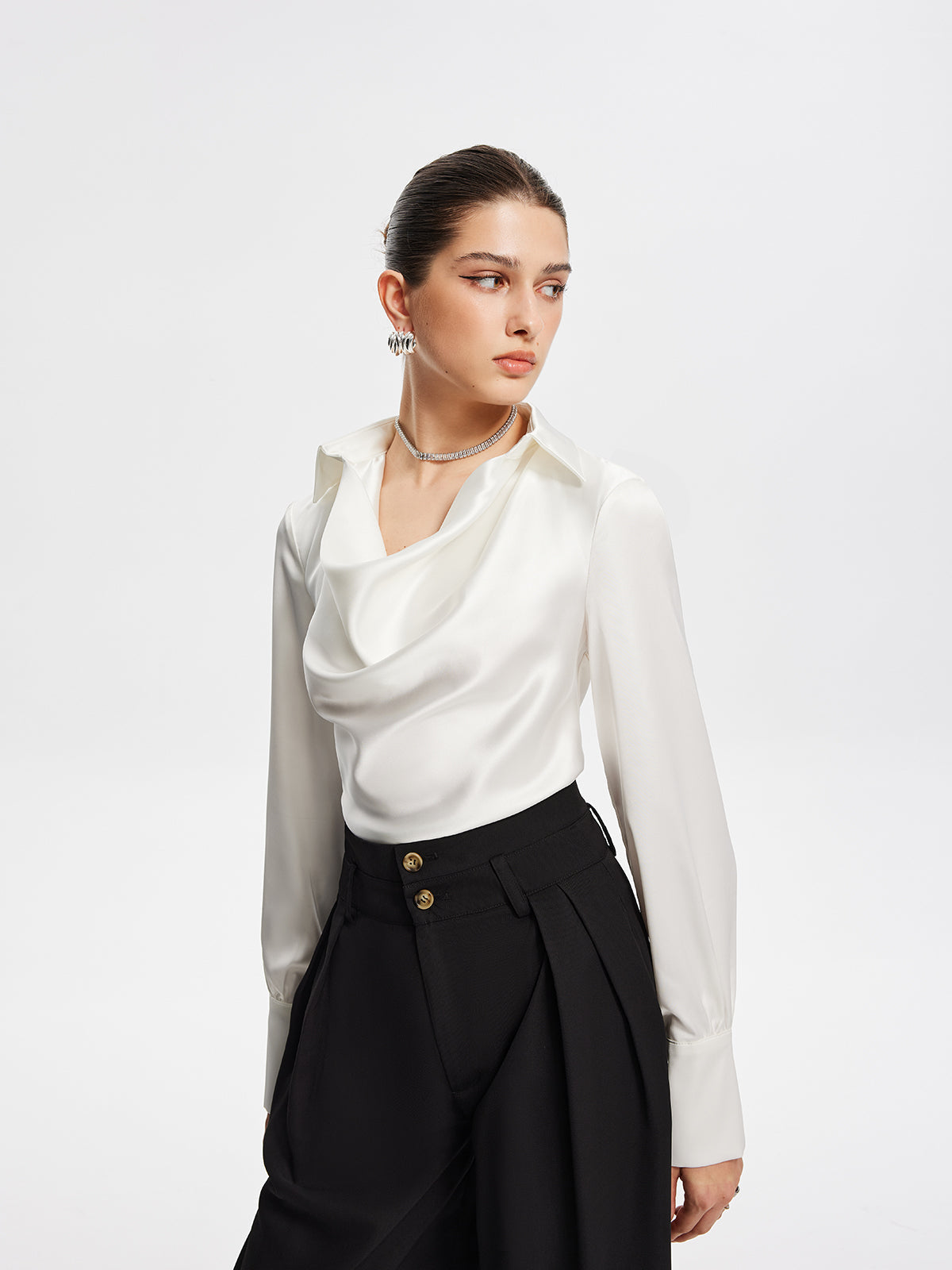 Soft Touch V-Neck Pleated Long Sleeve Blouse