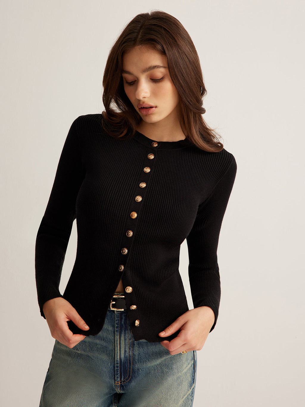 Sleek & Slim Button-Down Skinny Knit Top