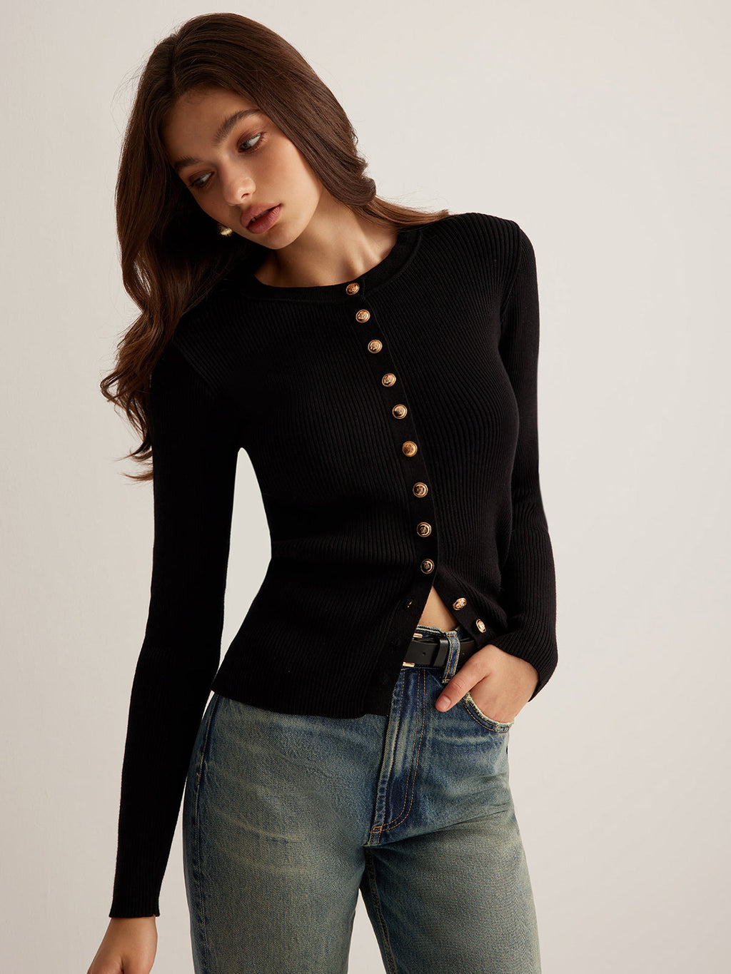 Sleek & Slim Button-Down Skinny Knit Top