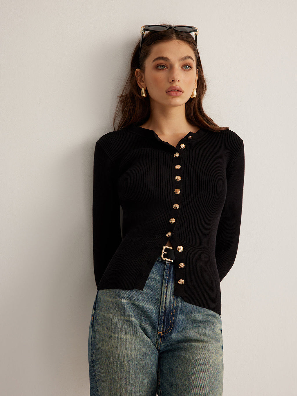 Sleek & Slim Button-Down Skinny Knit Top