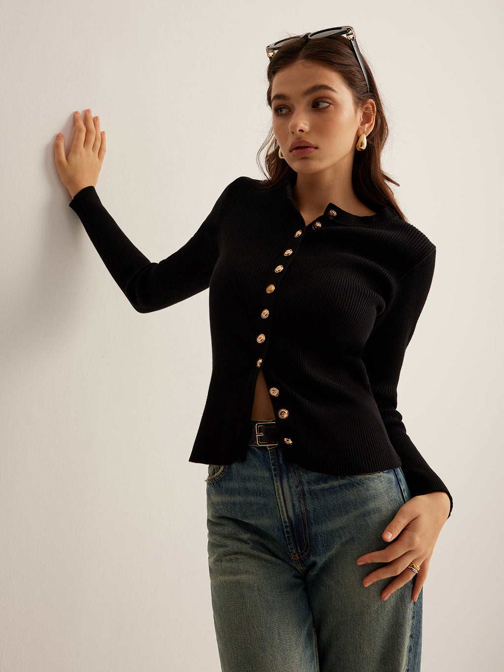Sleek & Slim Button-Down Skinny Knit Top