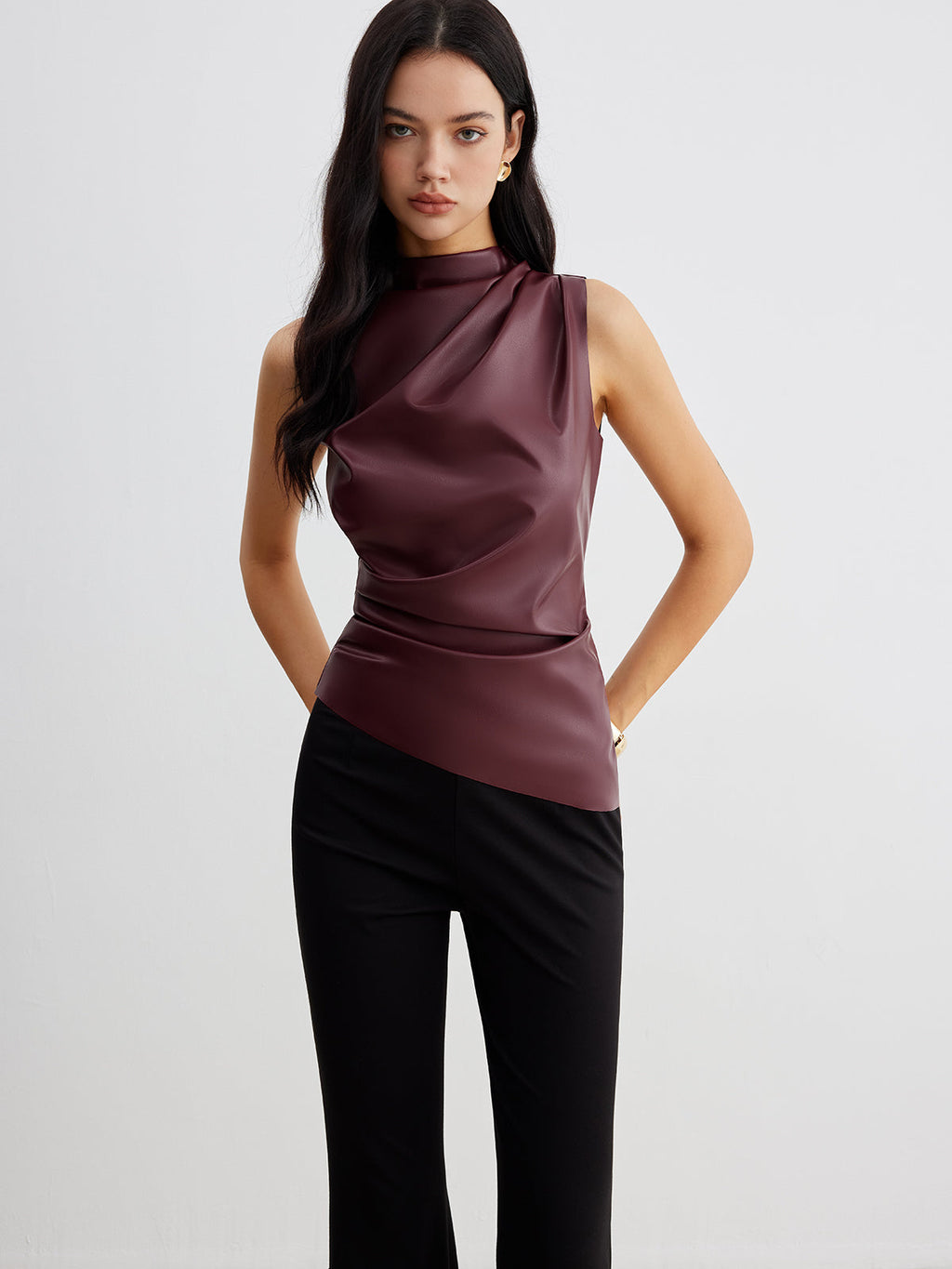 Sleek & Cinched Mock Neck Faux Leather Tank Top