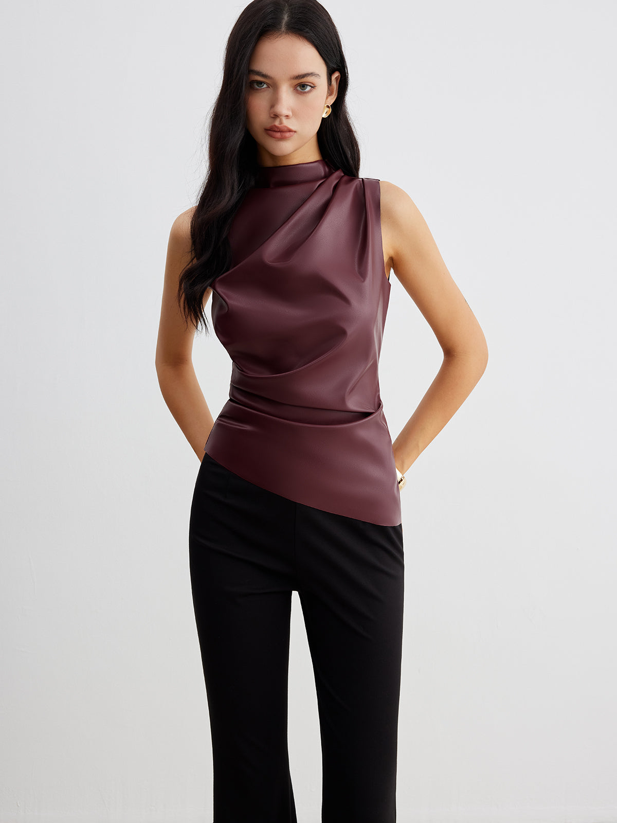 Sleek & Cinched Mock Neck Faux Leather Tank Top