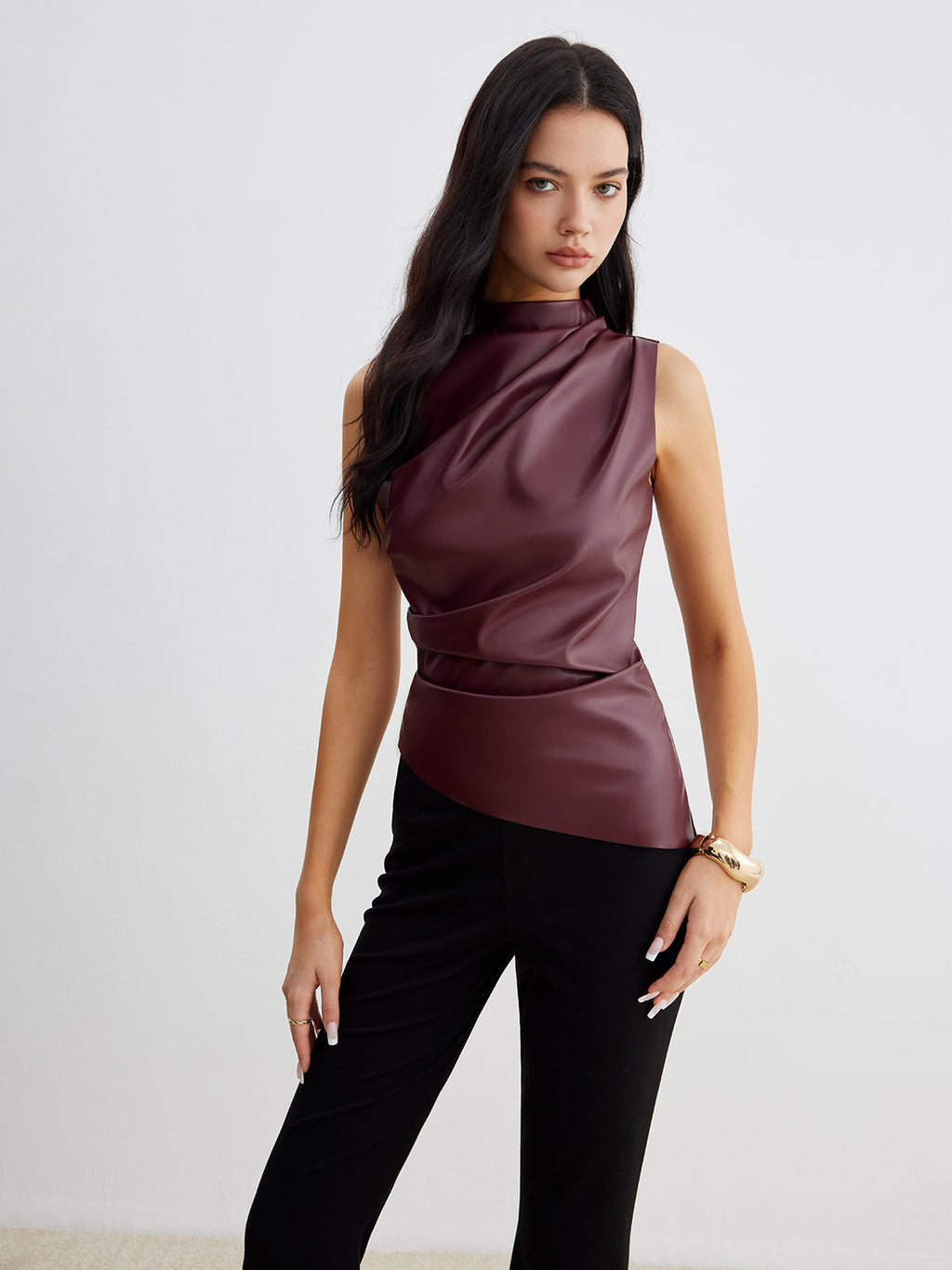 Sleek & Cinched Mock Neck Faux Leather Tank Top