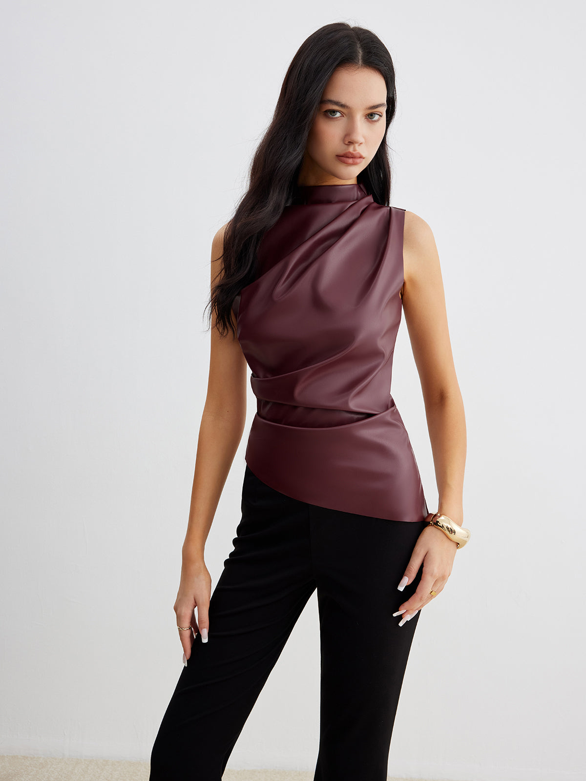 Sleek & Cinched Mock Neck Faux Leather Tank Top
