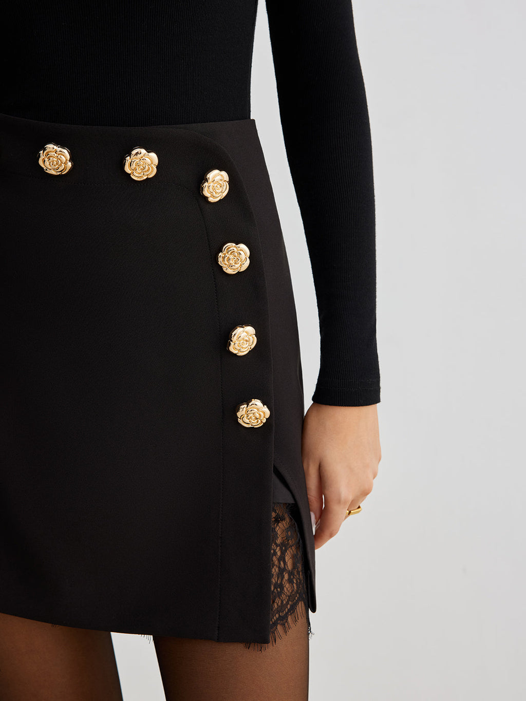 Iron Bloom Lace Trim Metal-Flower Zipper Skirt