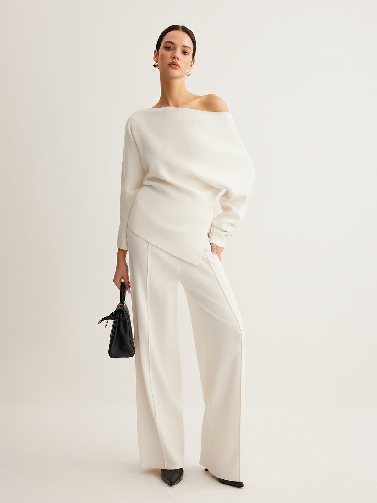 Draped Wool-Blend Neck Knit Top