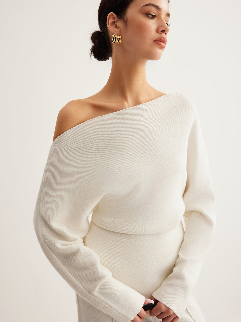 Draped Wool-Blend Neck Knit Top
