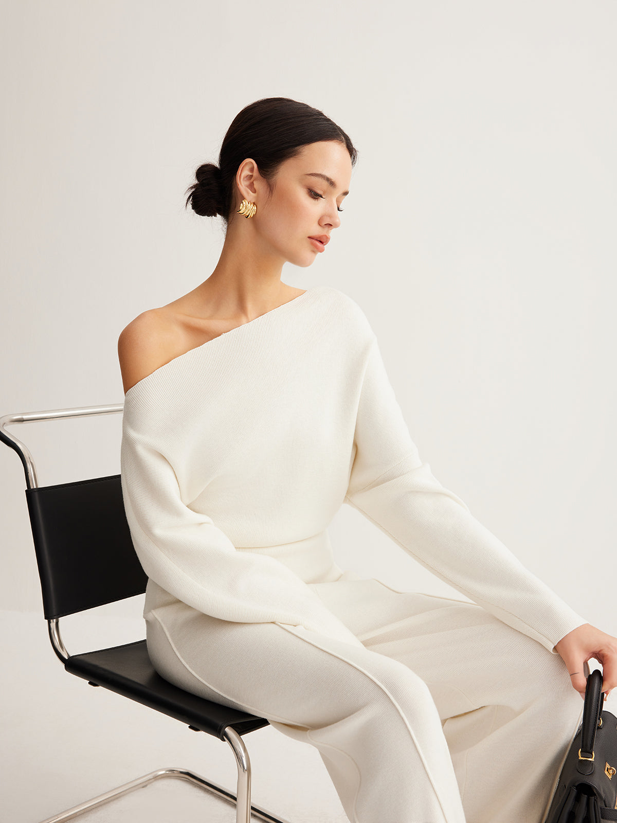 Draped Wool-Blend Neck Knit Top