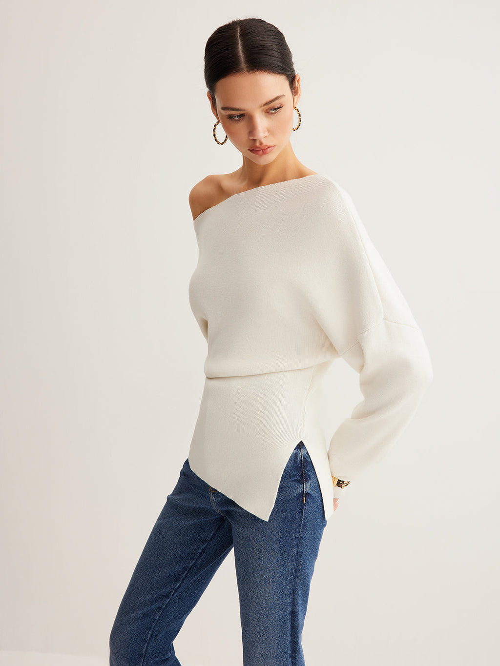 Draped Wool-Blend Neck Knit Top