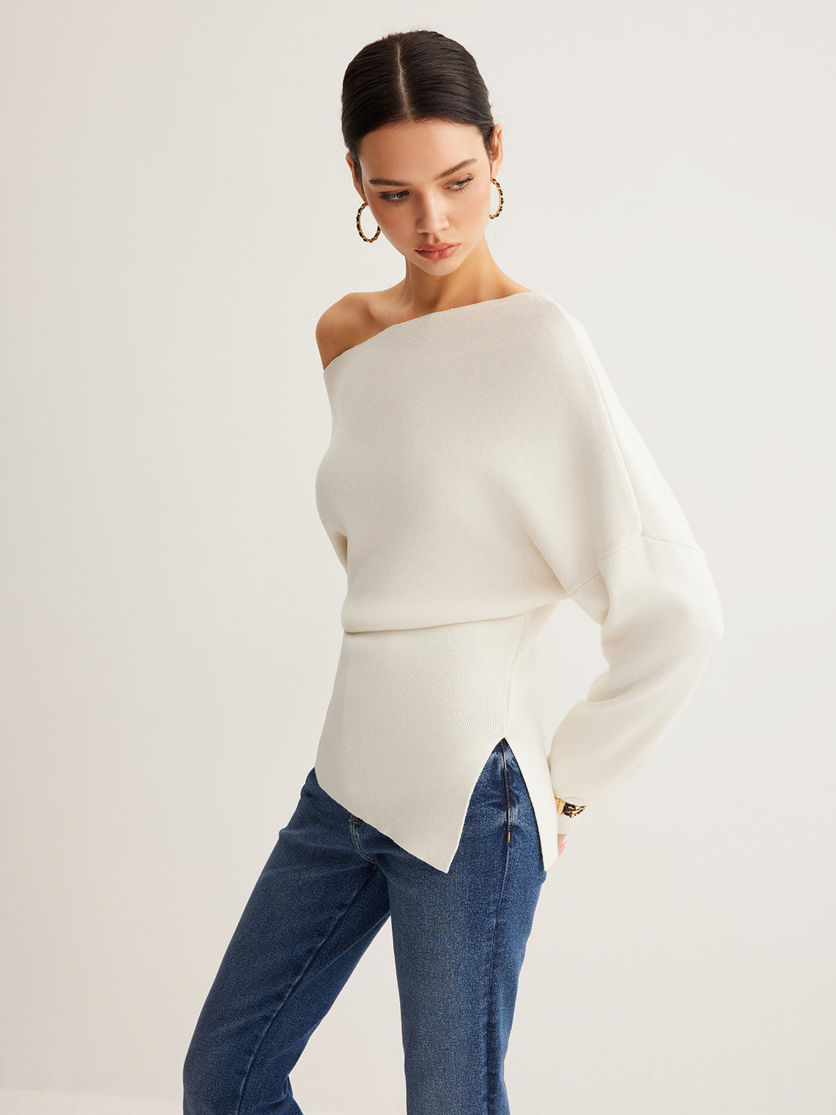 Draped Wool-Blend Neck Knit Top