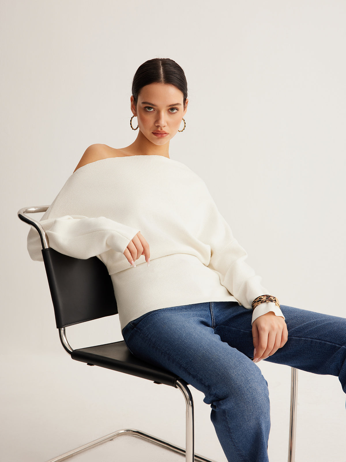 Draped Wool-Blend Neck Knit Top