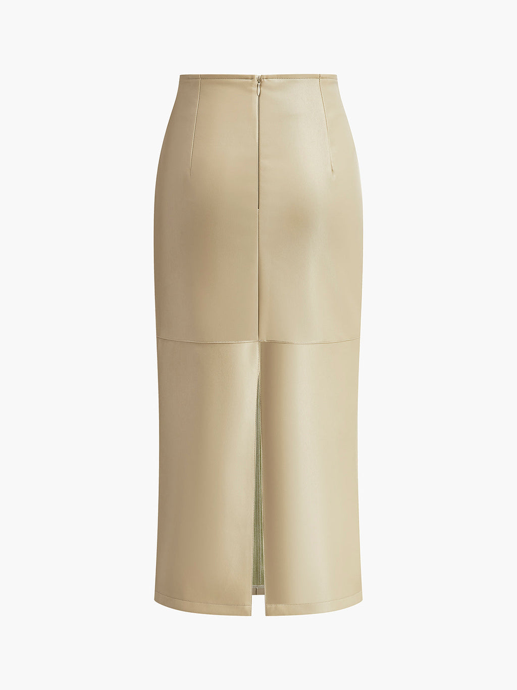 Slick Seam Faux Leather Piping Slit Midi Skirt
