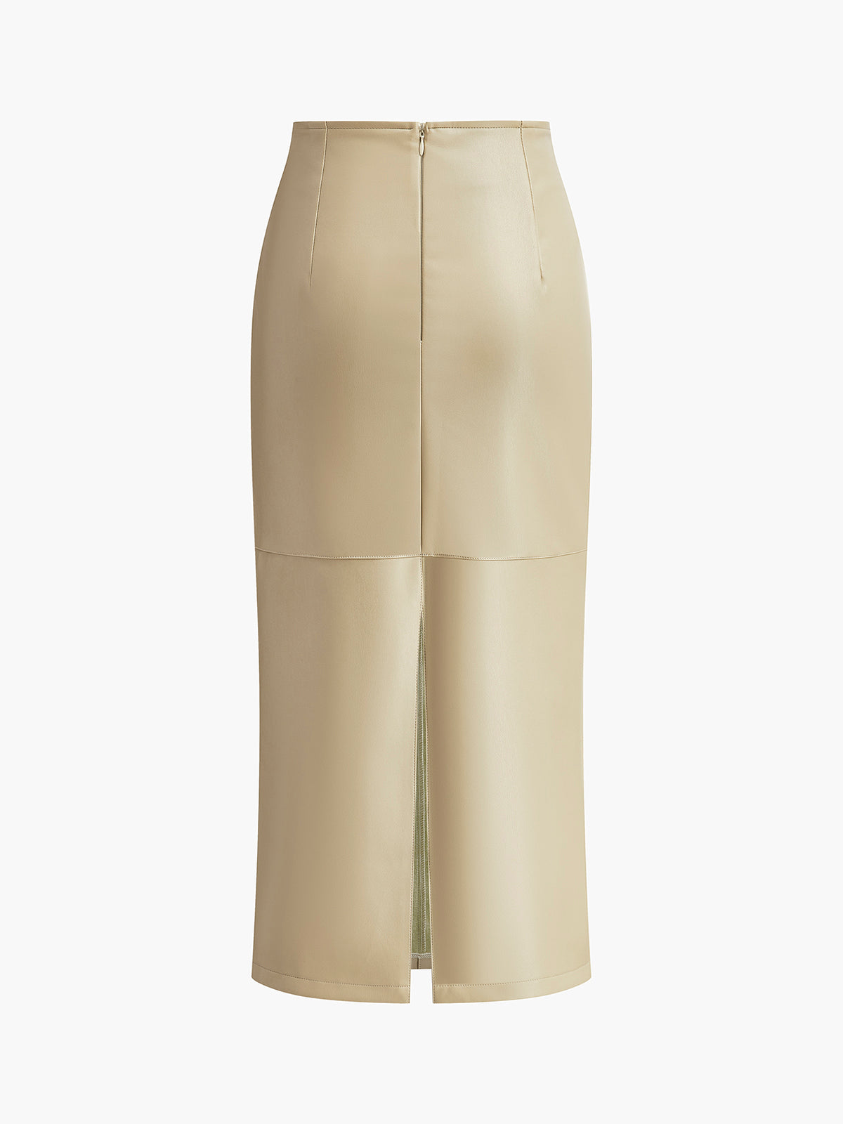 Slick Seam Faux Leather Piping Slit Midi Skirt