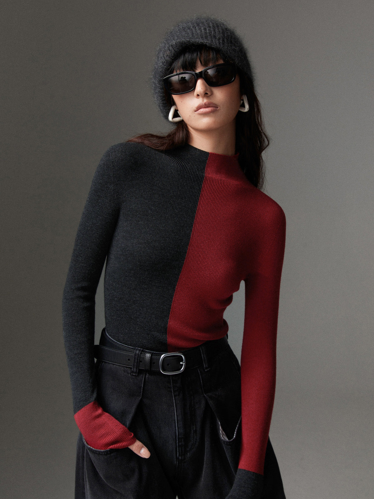 Two-Tone Wool-Blend Skinny Knit Top