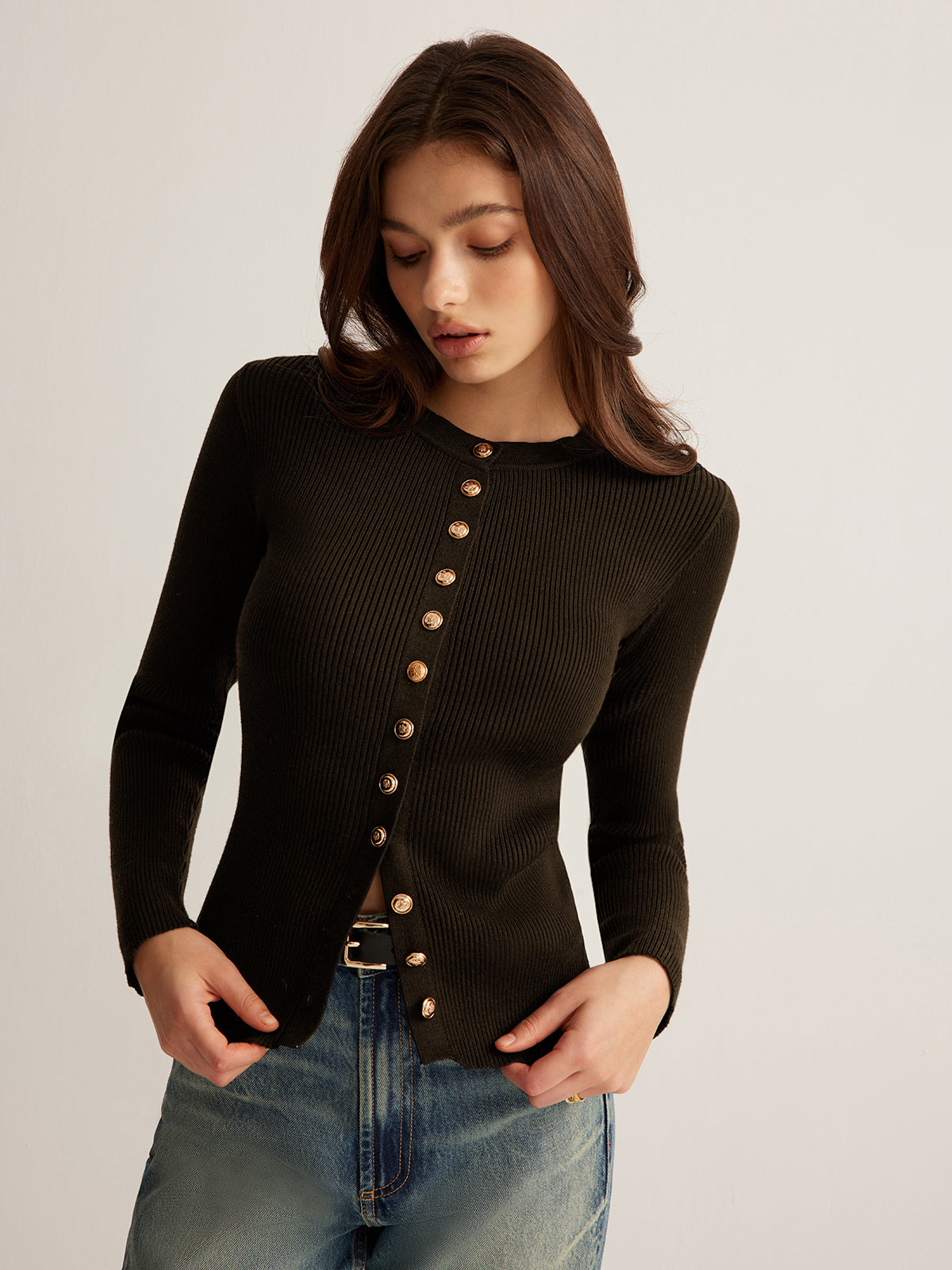 Sleek & Slim Button-Down Skinny Knit Top