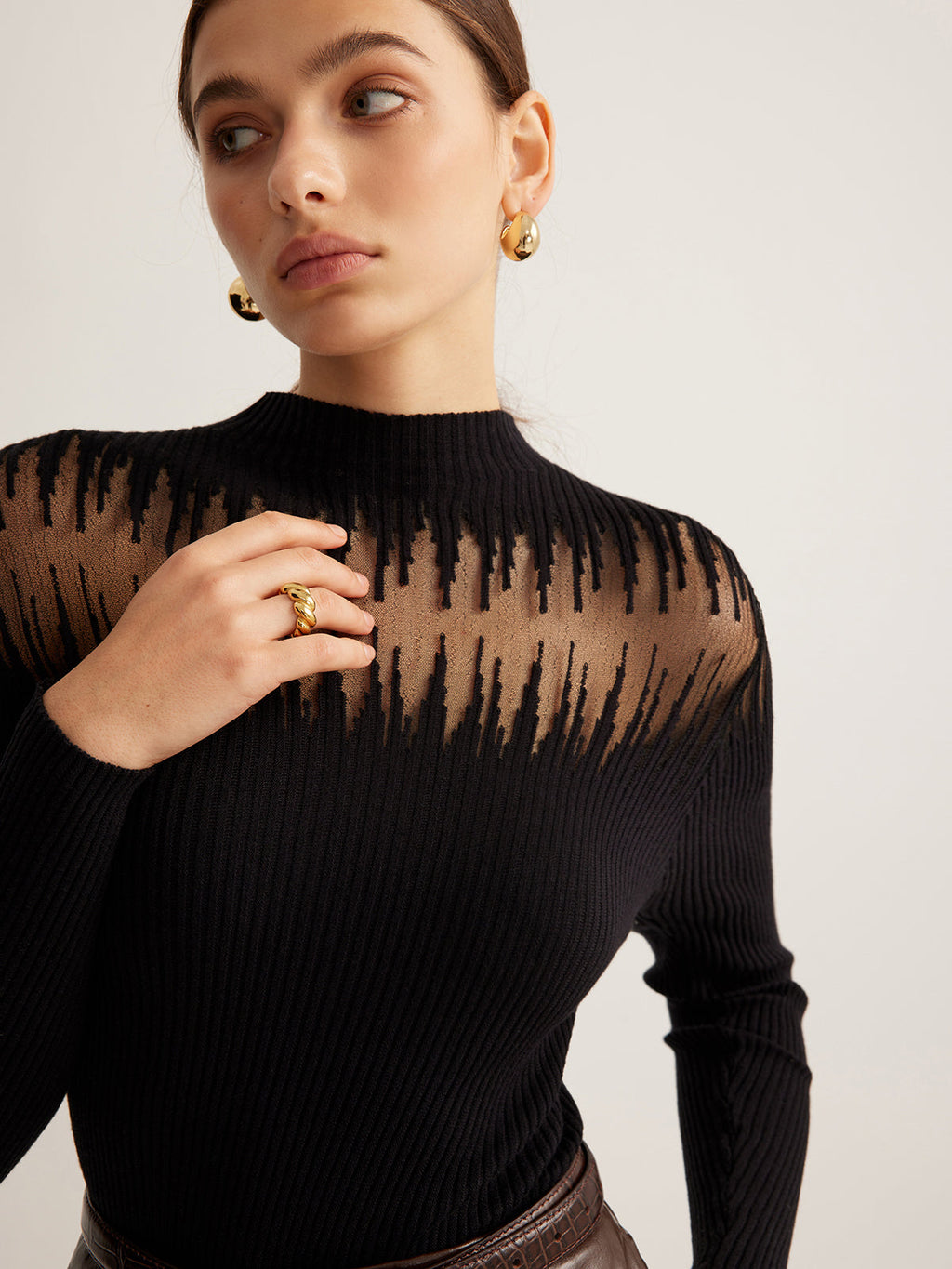 Sheer Moment Mock Neck Panel Knit Top