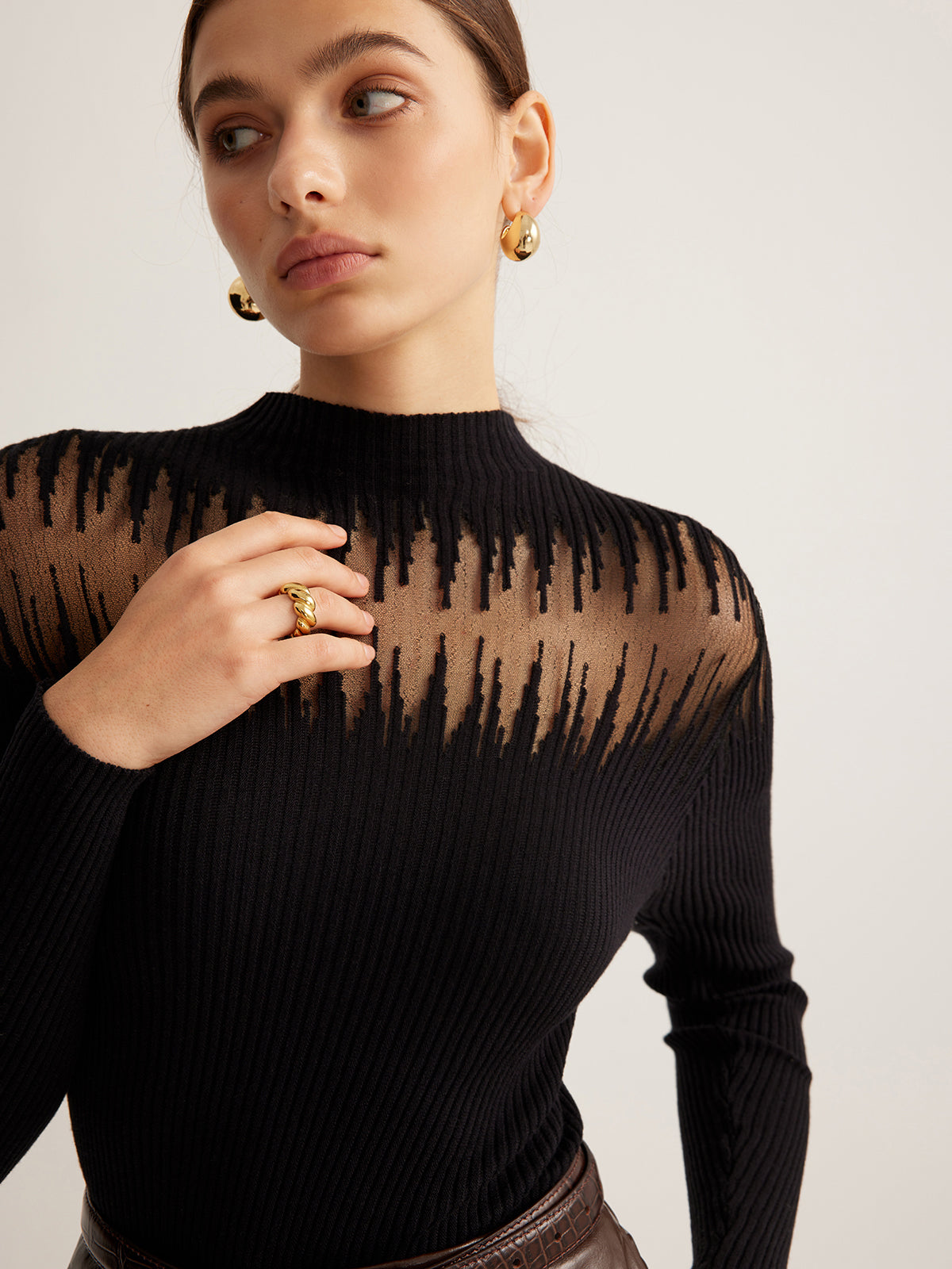Sheer Moment Mock Neck Panel Knit Top
