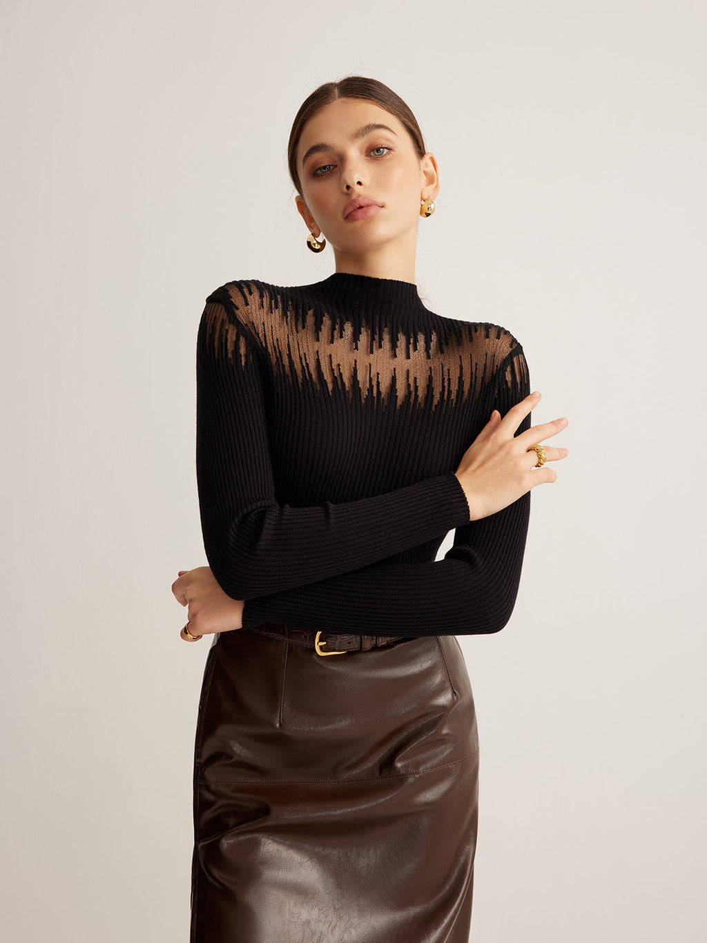 Sheer Moment Mock Neck Panel Knit Top