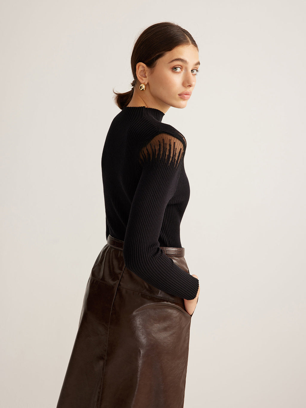 Sheer Moment Mock Neck Panel Knit Top