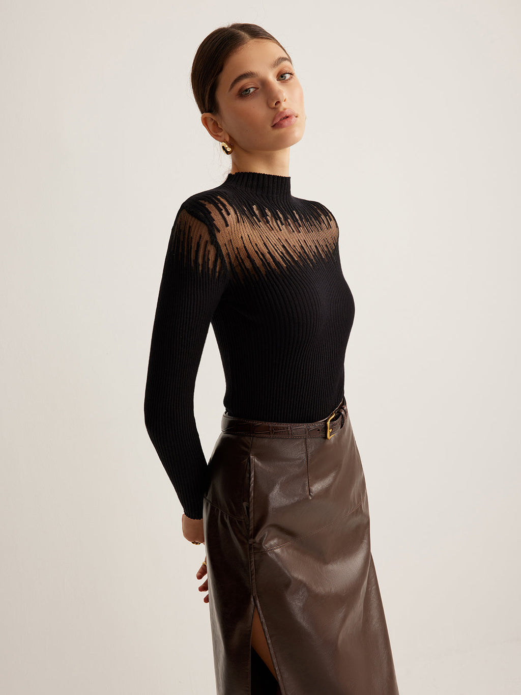 Sheer Moment Mock Neck Panel Knit Top