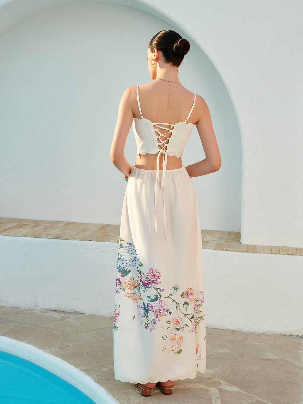 Laced Up Floral Print Backless Sleeveless Dress