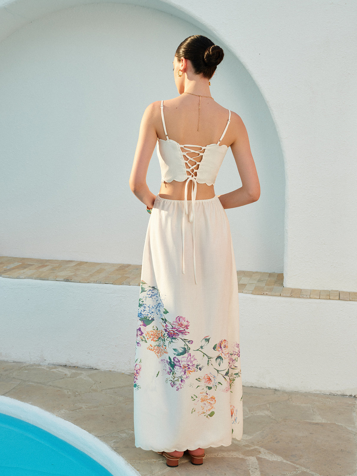 Laced Up Floral Print Backless Sleeveless Dress