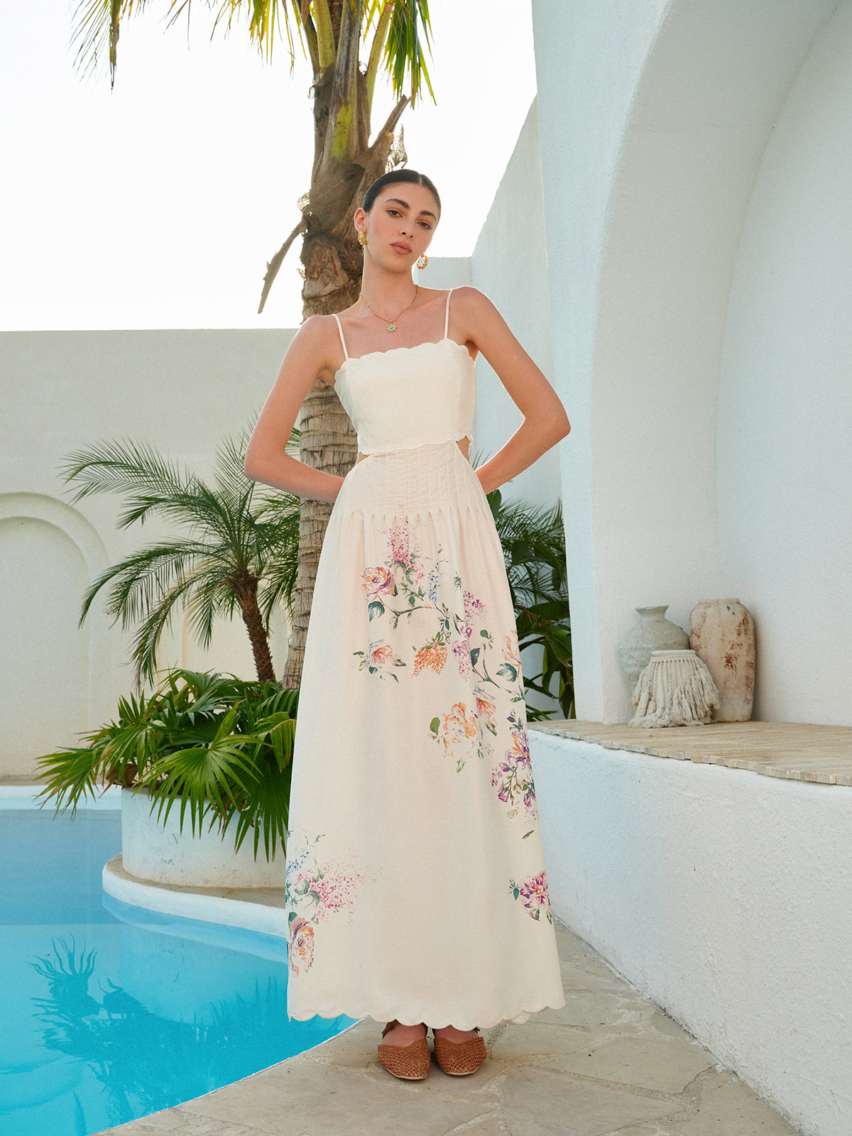 Laced Up Floral Print Backless Sleeveless Dress