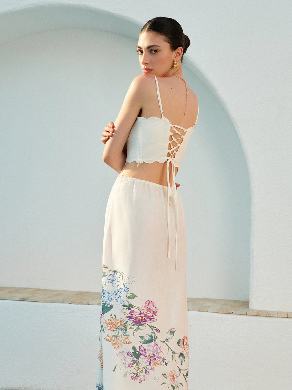 Laced Up Floral Print Backless Sleeveless Dress