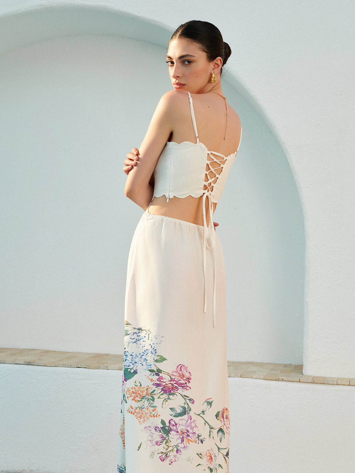 Laced Up Floral Print Backless Sleeveless Dress