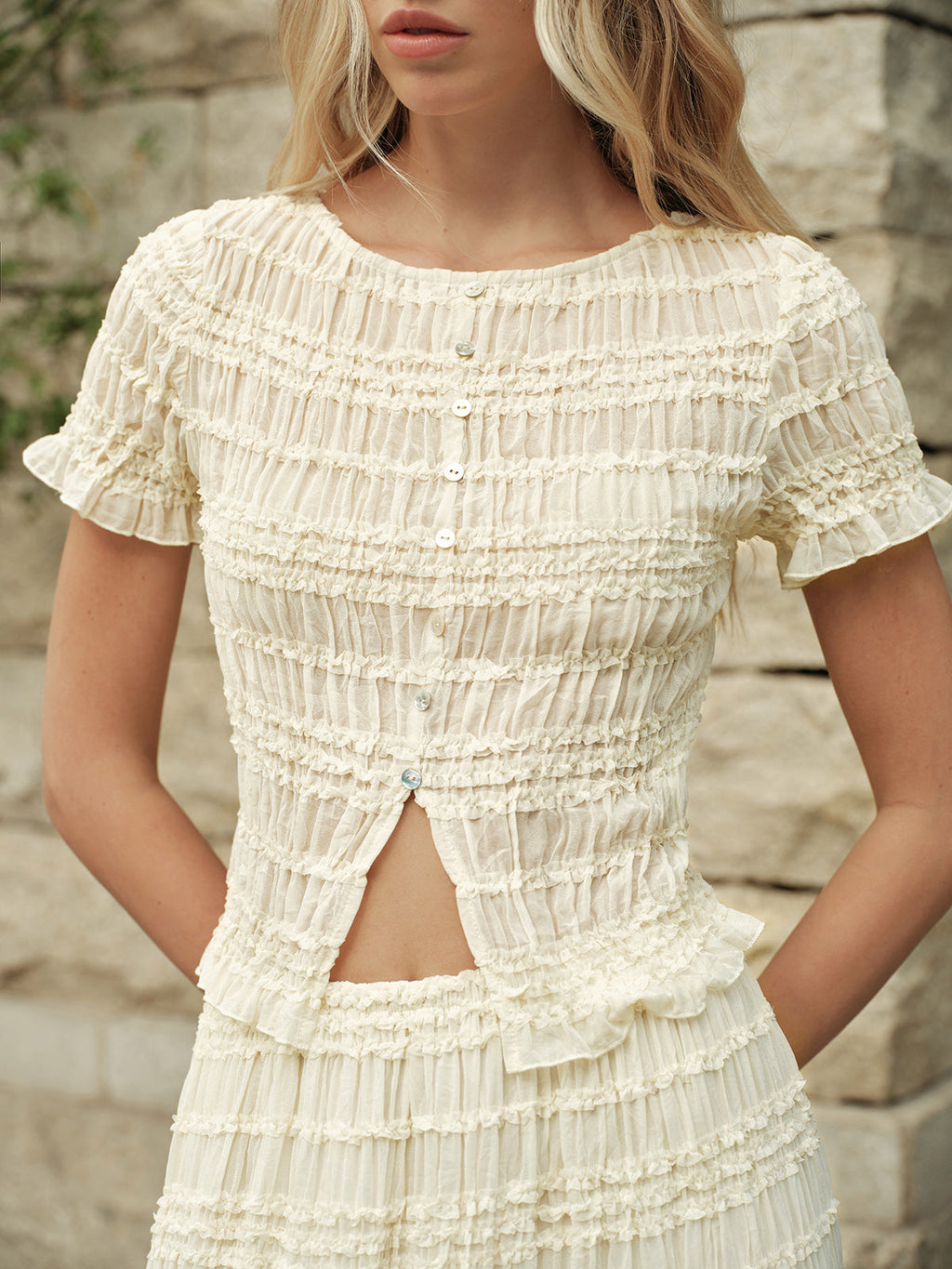 Petal Semi-Sheer Ruffled Crop Top & Skirt Set