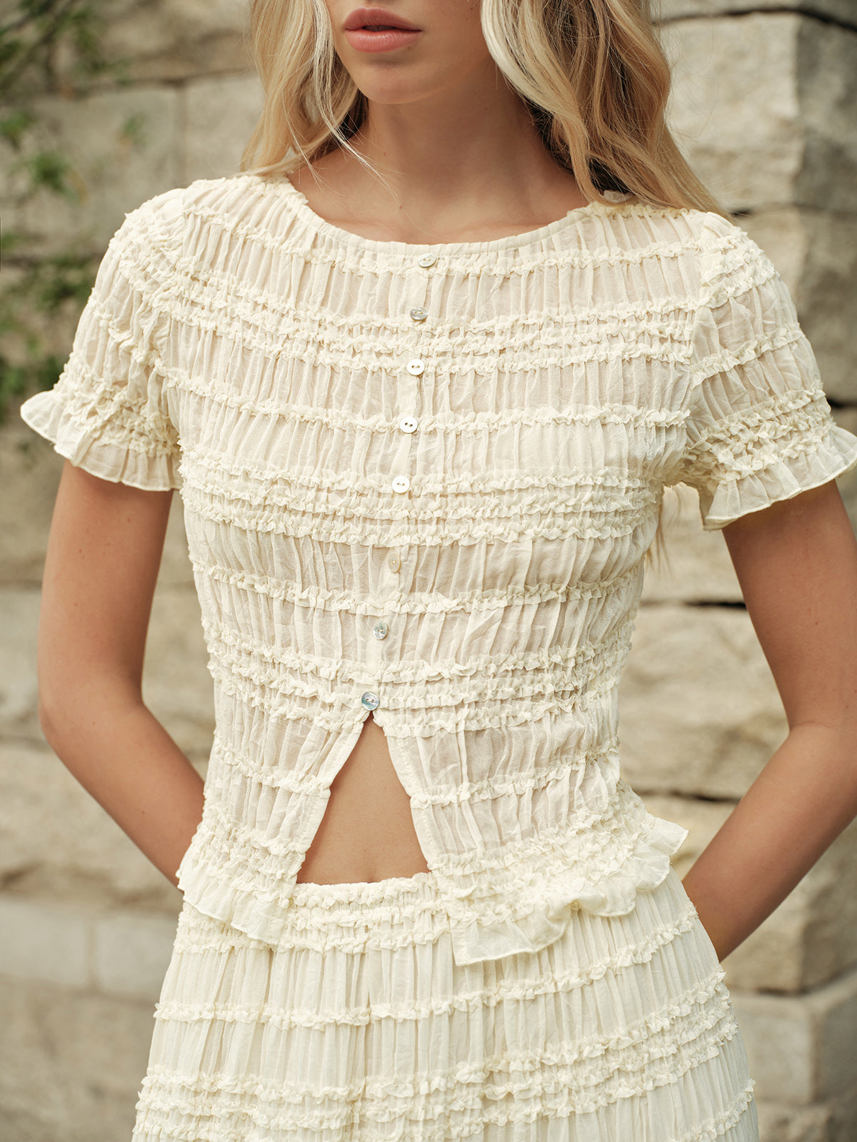 Petal Semi-Sheer Ruffled Crop Top & Skirt Set