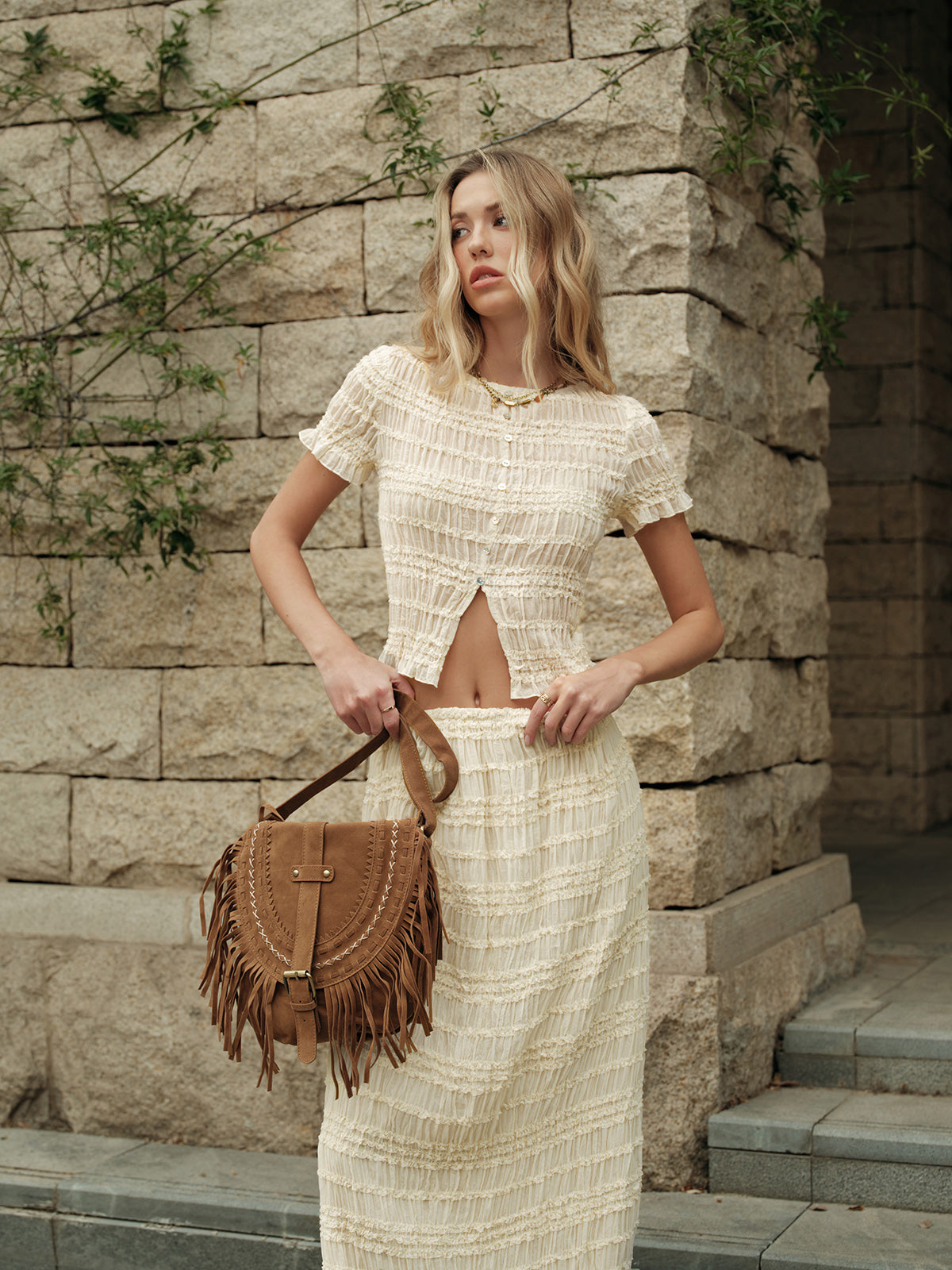Petal Semi-Sheer Ruffled Crop Top & Skirt Set