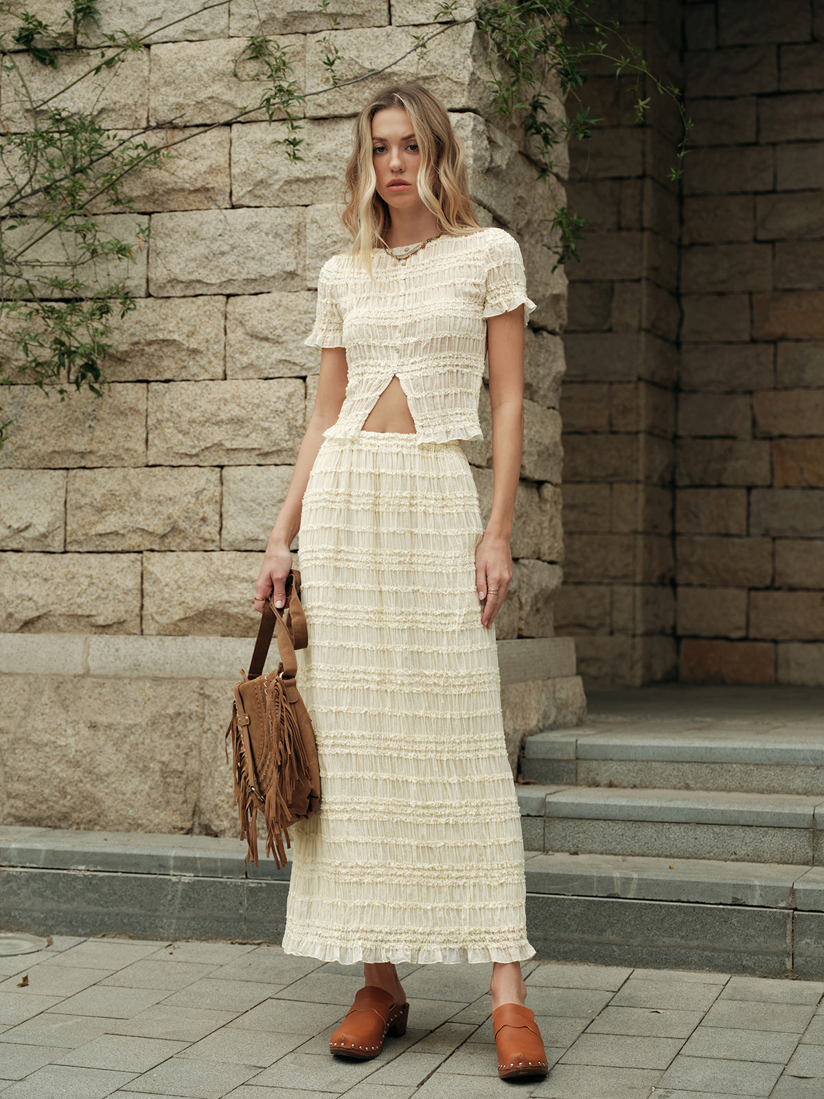 Petal Semi-Sheer Ruffled Crop Top & Skirt Set