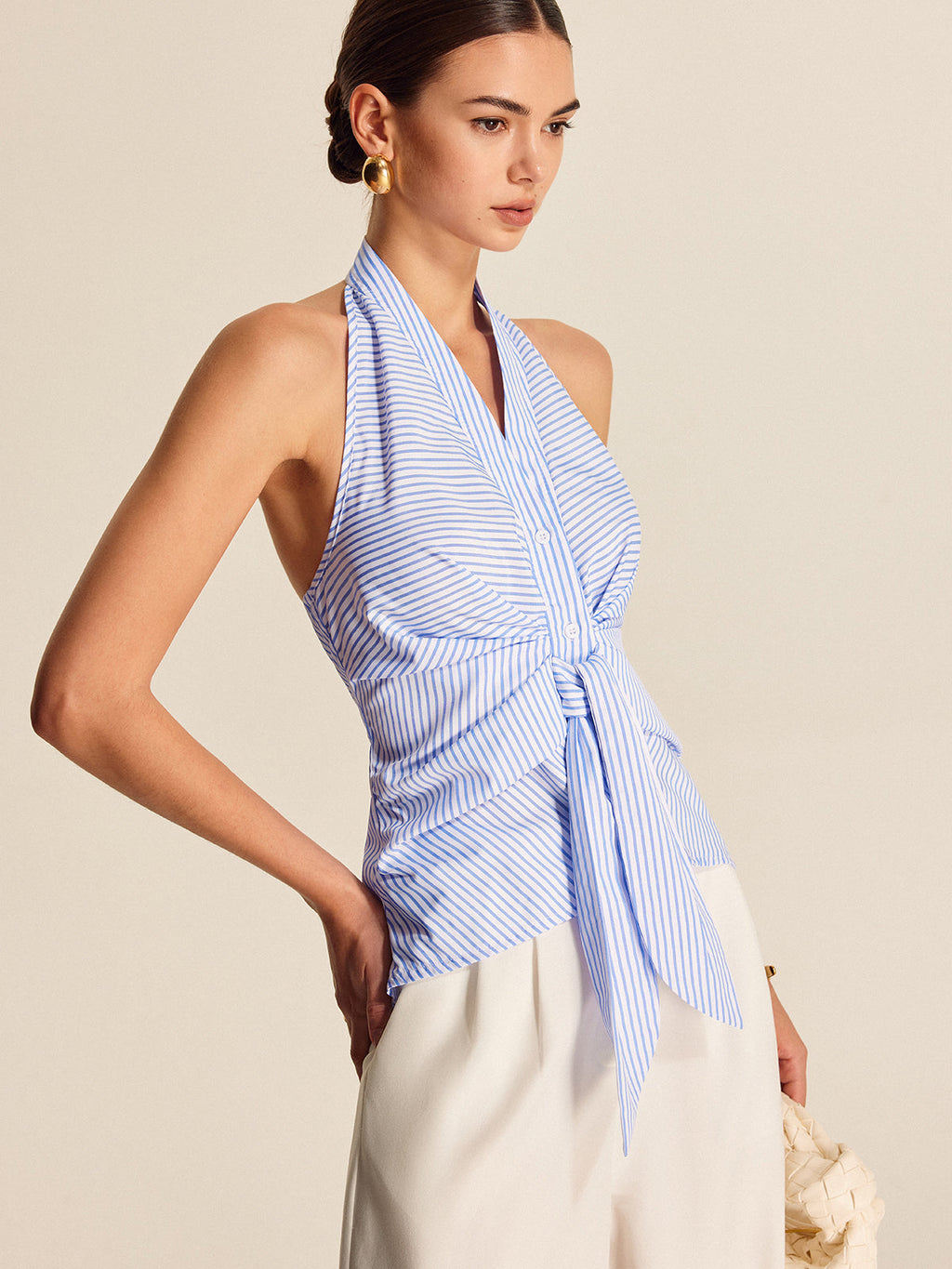 Golden Rome Striped Halter Tie Top