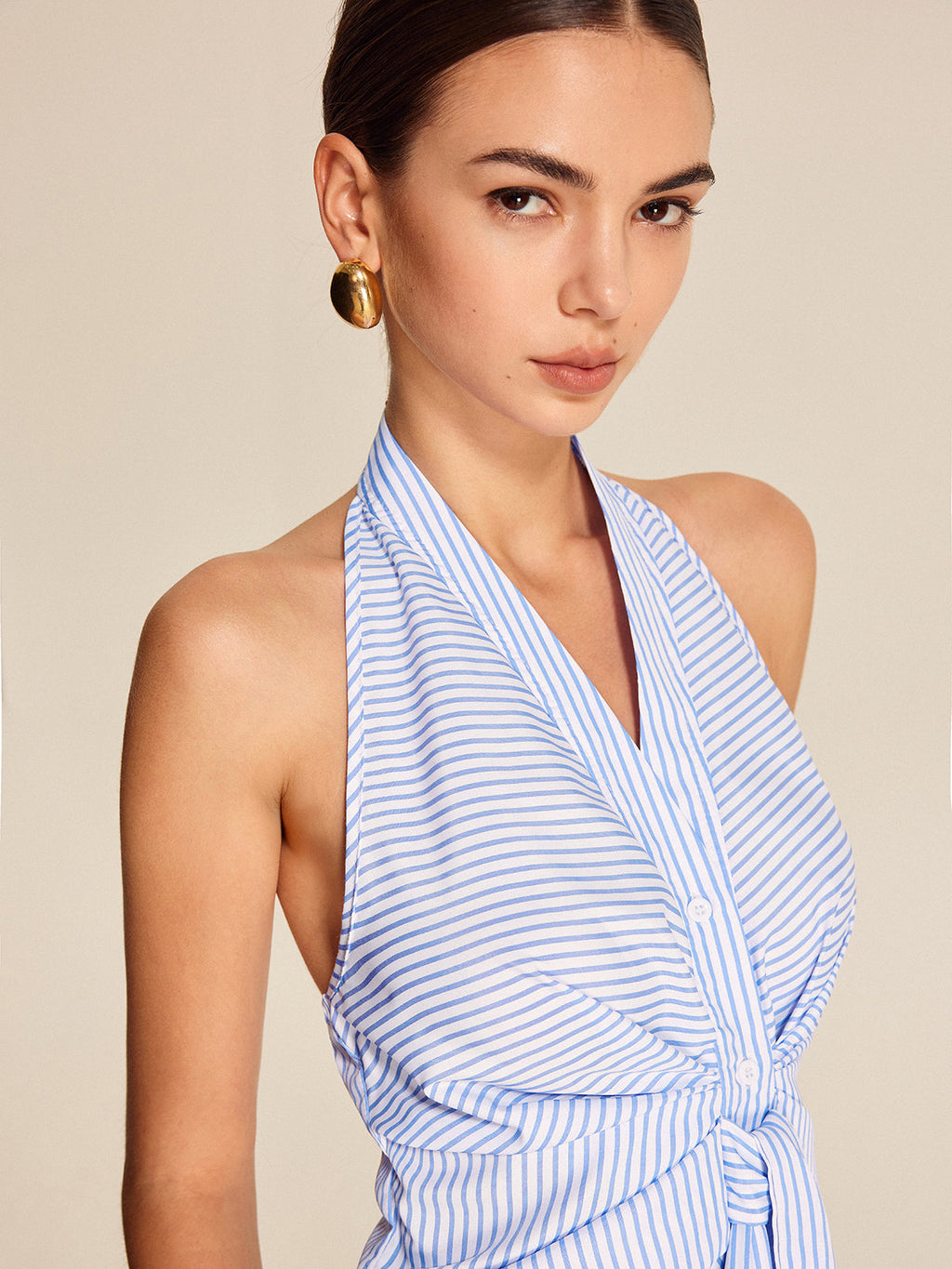 Golden Rome Striped Halter Tie Top