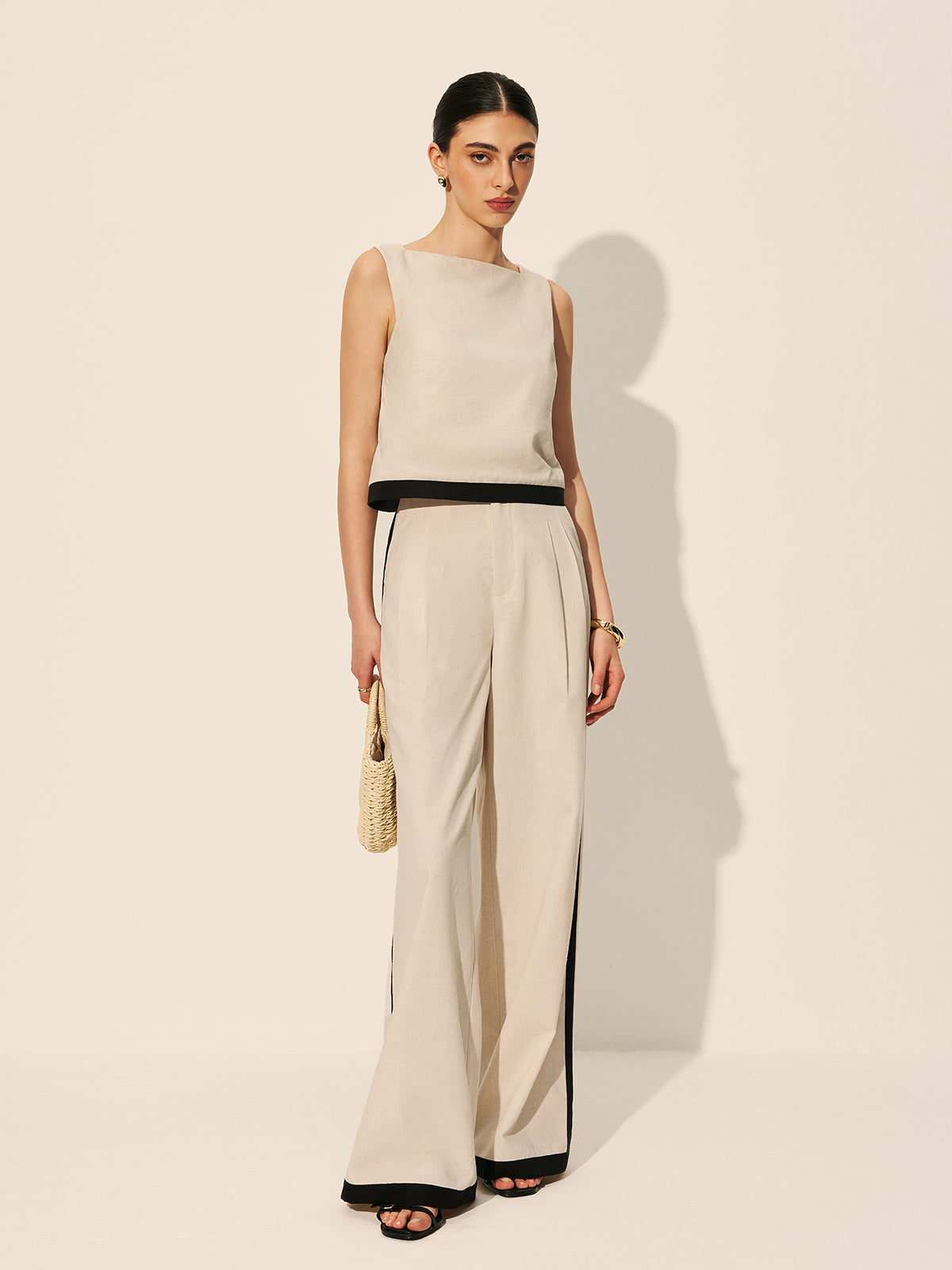 Clean Lines Linen & Cotton Zipper Contrast Binding Pants Set