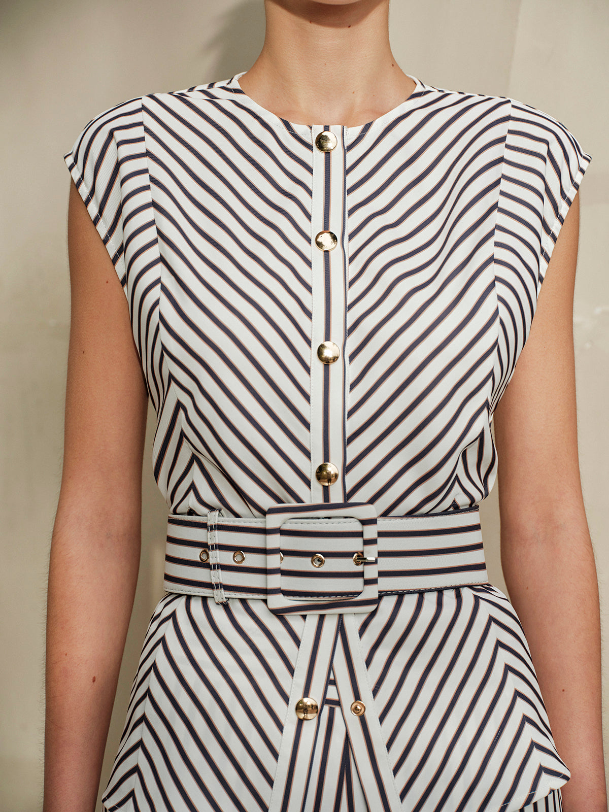 Belted Allure Striped Metal Round-Neck Shirt